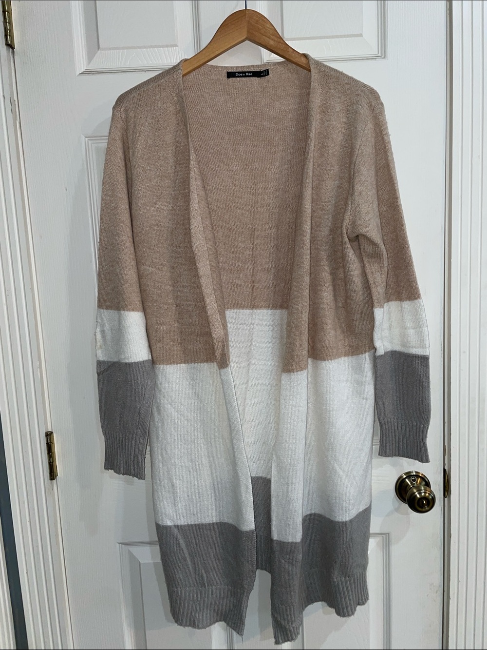 Doe & Rae Angora Beige White Gray Colorblock Open Cardigan